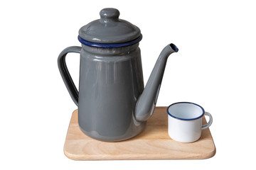 Gray teapot and white tin cup on white background with clipping path.