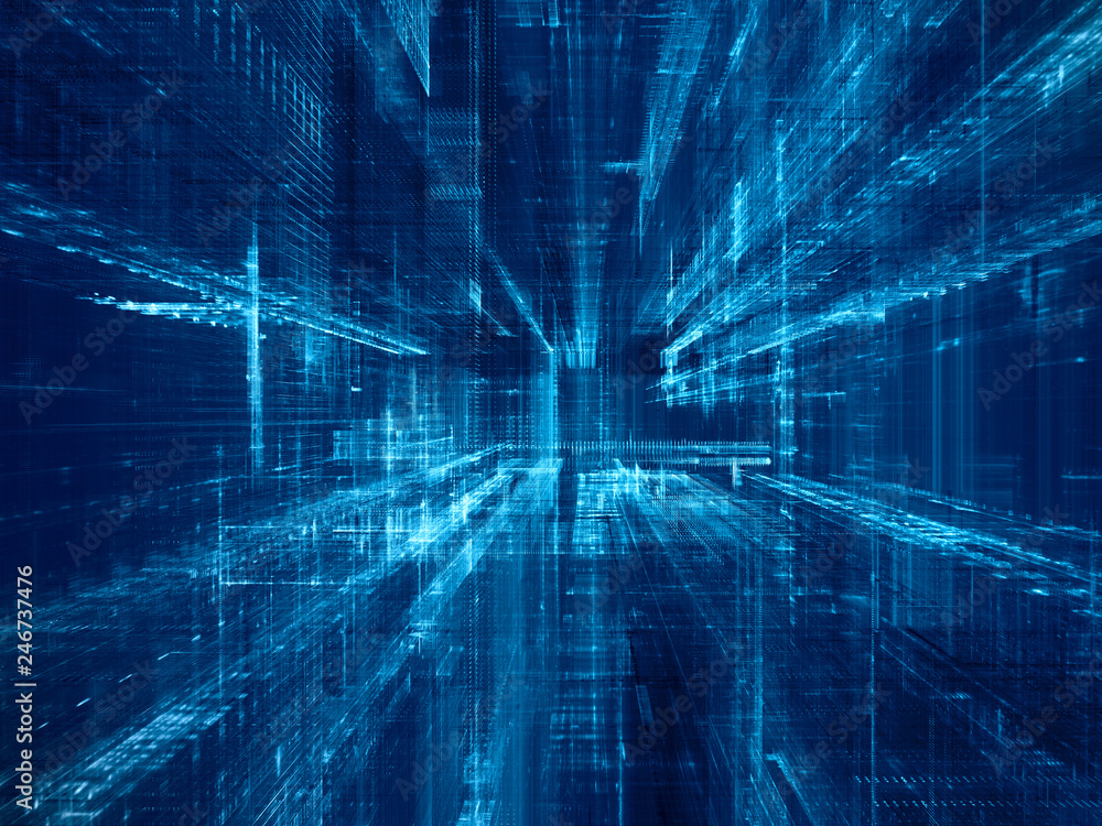 Poster abstract background. digital data visualization. 3d illustration based on fractal graphics. blue ton