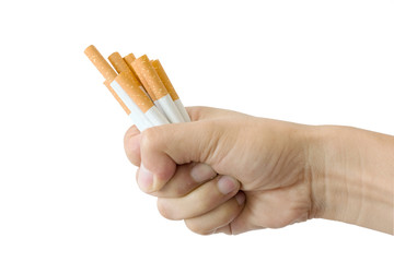 hand of man holds a cigarette in his hand. In order to stop smoke cigarettes is addictive. Health Concepts and Non-Smoking Day