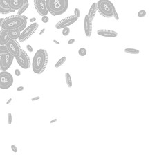 Russian ruble coins falling. Scattered black and w