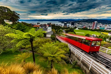 Gordijnen Nieuw-Zeeland, Noordereiland. Wellington, de hoofdstad. Wellington-kabelbaan en uitzicht vanaf Kelburn Hill © WitR