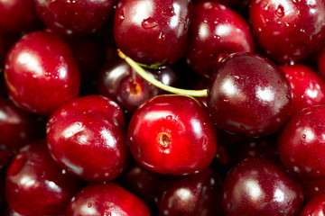 Sweet cherry in water drops