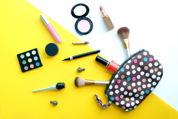 Bags and Accessories for women make up and jewelry  fashion professional makeup accessories equipment attractive fashion lady on colorful background .Beauty concept