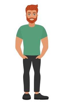 The Illustration Shows Red-hair Guy, Who Showing Thumbs-up Sign Guy Is  Wearing In Jeans, Green T-shirt And Sneakers The Illustration Done In  Cartoon Style Royalty Free SVG, Cliparts, Vectors, and Stock Illustration.