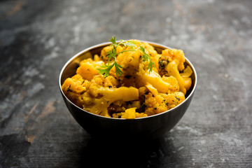 Dry Gobi Masala/ cauliflower Sabzi served in a bowl. selective focus