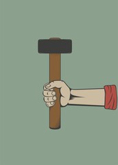 The hand holds a sledgehammer. Color illustration