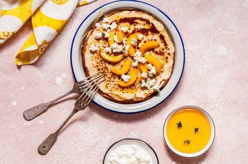 Crepes with Cottage Cheese and Peaches