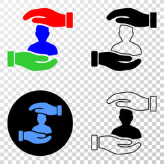 Customer care hands EPS vector pictogram with contour, black and colored versions. Illustration style is flat iconic symbol on chess transparent background.