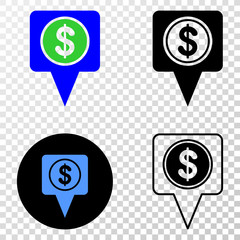 Dollar map marker EPS vector pictograph with contour, black and colored versions. Illustration style is flat iconic symbol on chess transparent background.