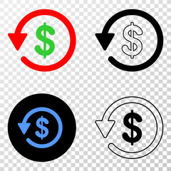 Dollar refund EPS vector pictogram with contour, black and colored versions. Illustration style is flat iconic symbol on chess transparent background.