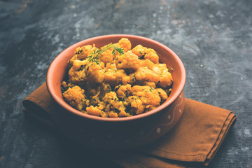 Dry Gobi Masala/ cauliflower Sabzi served in a bowl. selective focus