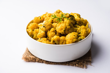 Dry Gobi Masala/ cauliflower Sabzi served in a bowl. selective focus