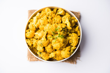 Dry Gobi Masala/ cauliflower Sabzi served in a bowl. selective focus
