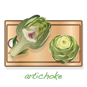 Artichoke on plate vector illustration set. Image isolated on white background.