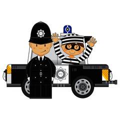 Cute Cartoon Policeman and Police Car with Classic Style Robber 