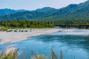 The Altai landscape with mountain river and green hills, Siberia, Altai Republic, Russia