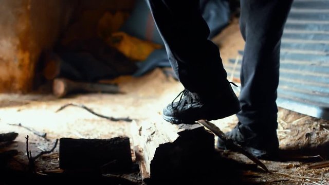 Chopping wood with an ax, close up