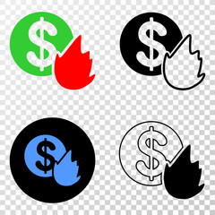 Fired money EPS vector icon with contour, black and colored versions. Illustration style is flat iconic symbol on chess transparent background.