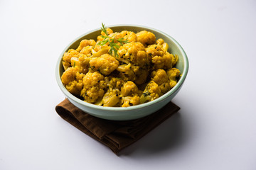 Dry Gobi Masala/ cauliflower Sabzi served in a bowl. selective focus