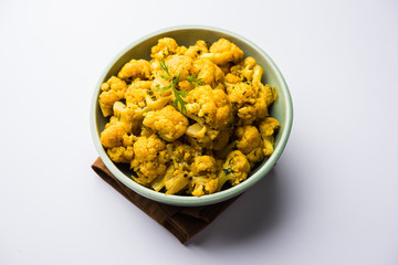 Dry Gobi Masala/ cauliflower Sabzi served in a bowl. selective focus