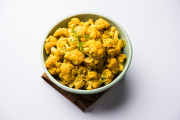 Dry Gobi Masala/ cauliflower Sabzi served in a bowl. selective focus