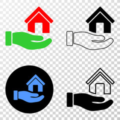 Hand offer house EPS vector pictograph with contour, black and colored versions. Illustration style is flat iconic symbol on chess transparent background.