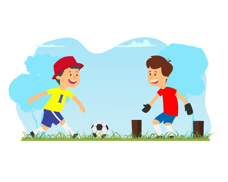 two friends are playing football outdoors.