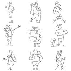 Tourists people characters for hiking and trekking, holiday travel vector concept.