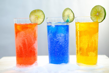 set cold cocktails and soft drinks on white background
