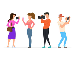 Obraz premium People shoot video and photos on smartphones, phones and cameras.