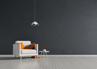  Minimalist modern room with armchair. Scandinavian style interior design. 3D illustration.