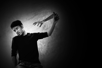 Boy afraid of people and social's violence in white tone