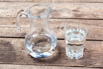 Glasses of water on a wooden table.