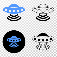 UFO EPS vector pictograph with contour, black and colored versions. Illustration style is flat iconic symbol on chess transparent background.