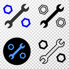 Wrench and nuts EPS vector pictograph with contour, black and colored versions. Illustration style is flat iconic symbol on chess transparent background.