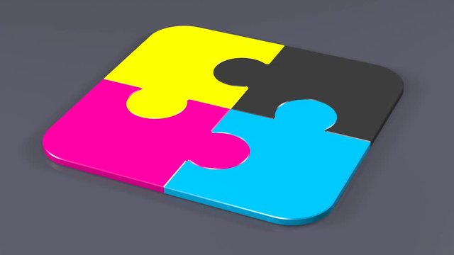 CMYK Printing Colors on 4 Puzzle Pieces that fall into place showing the solution to offset printing needs.