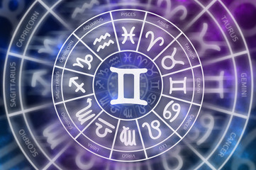 Zodiac Gemini symbol inside of horoscope circle