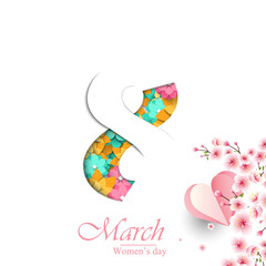 Fototapeta premium Happy International Women's day in paper cut style with flowers on white background. March 8 greeting card