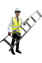 asian construction man holding a ladder isolated in white