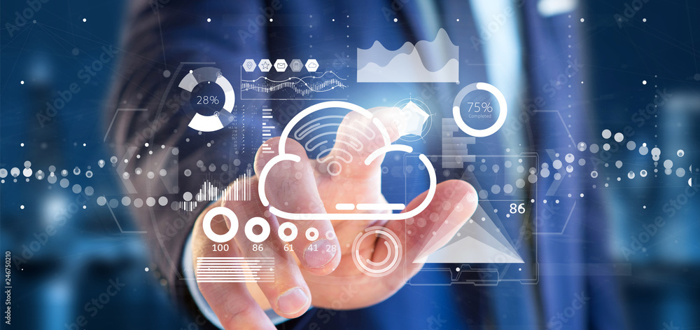 Poster businessman holding cloud and wifi concept with icon, stats and data 3d rendering
