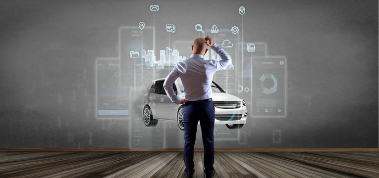 Businessman in front of a wall with Dashboard smartcar interface with multimedia icon and city map on a background 3d rendering