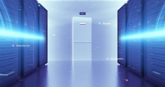 Modern Server Room Environment. Computer Racks All Around With Motion Graphics. Technology Related 4K Cg Animation. Seamless Loop.