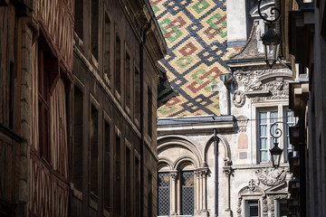 Carvings and features of historic buildings in Dijon, France