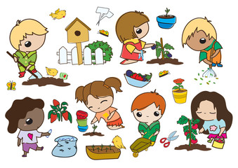 Kawaii children gardening - set of vector flat hand drawn illustrations of cute kids doing farming job - digging, gathering, planting, growing, collecting garbage, caring plants, self-sufficiency, eco