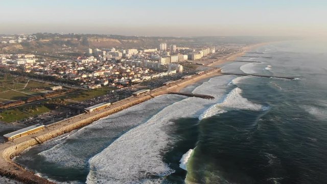 Aerial View of Costa da Caparica. A fantastic beach in Lisbon South Bay. View of the beach walk.