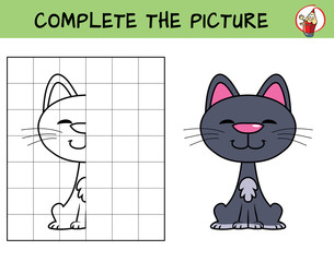 Complete the picture of a funny cat. Copy the picture. Coloring book. Educational game for children. Cartoon vector illustration