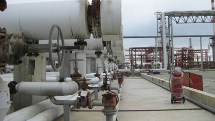 Heat exchangers at oil refinery.