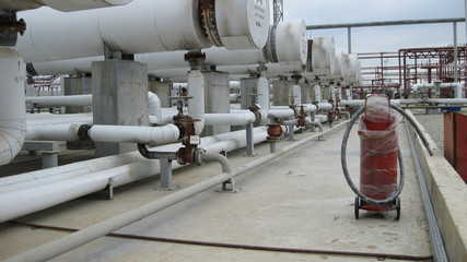 Heat exchangers at oil refinery.