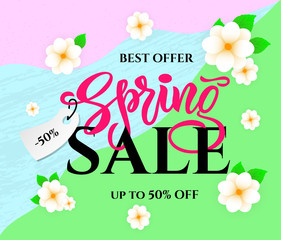 Fototapeta na wymiar Spring sale with flowers on colorful background. Season discount banner design. Vector illustration.
