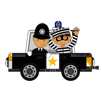 Cute Cartoon Policeman and Police Car with Classic Style Robber 